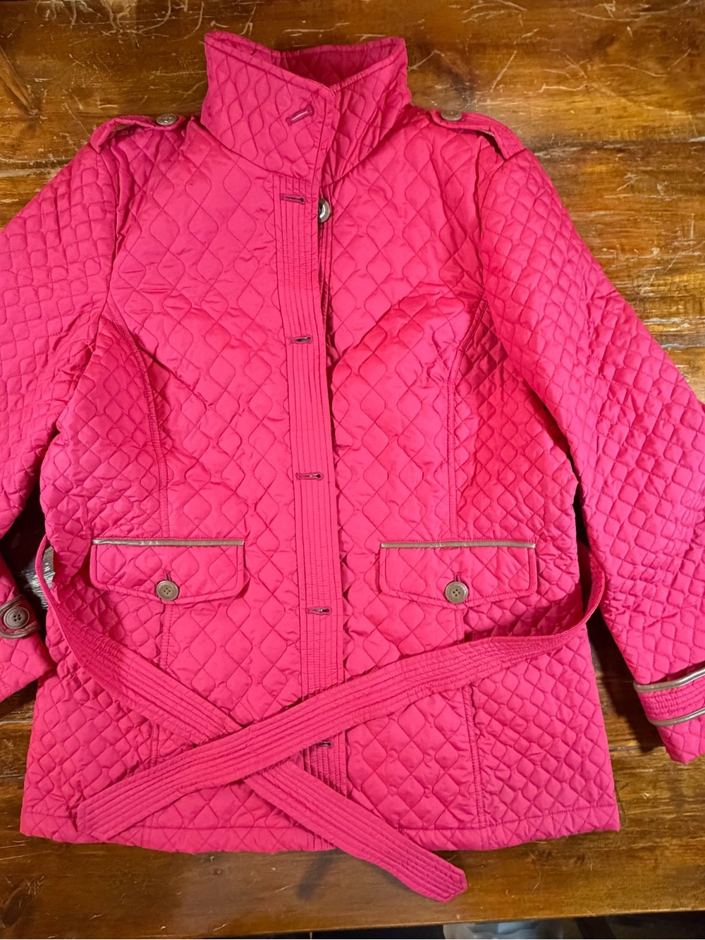 Lands End Women Large Pink Quilted Belted Primaloft Jacket Fall Outdoors